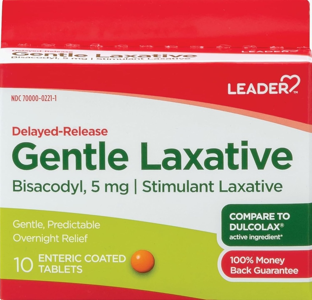 Leader Gentle Laxative, Bisacodyl USP 5 mg, 10 Enteric Coated Tablets (Pack of 4)