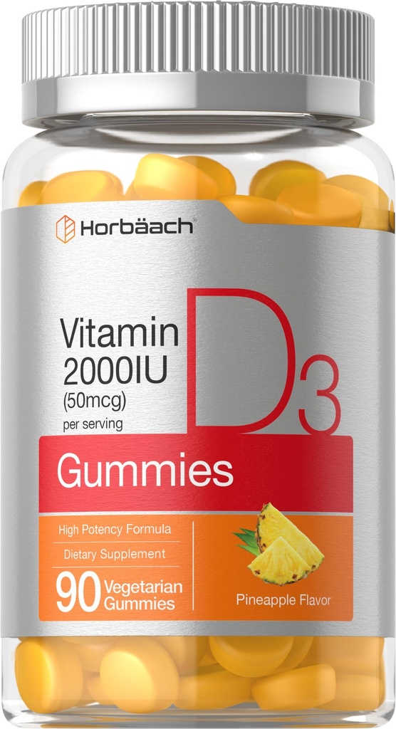ホアバハチビタミンD3 2000iuグミ | 90 カウント | ベジタリアン | パイナップル風味 | 50 mcg | 非GMO、グルテンフリービタミンDサプリメント