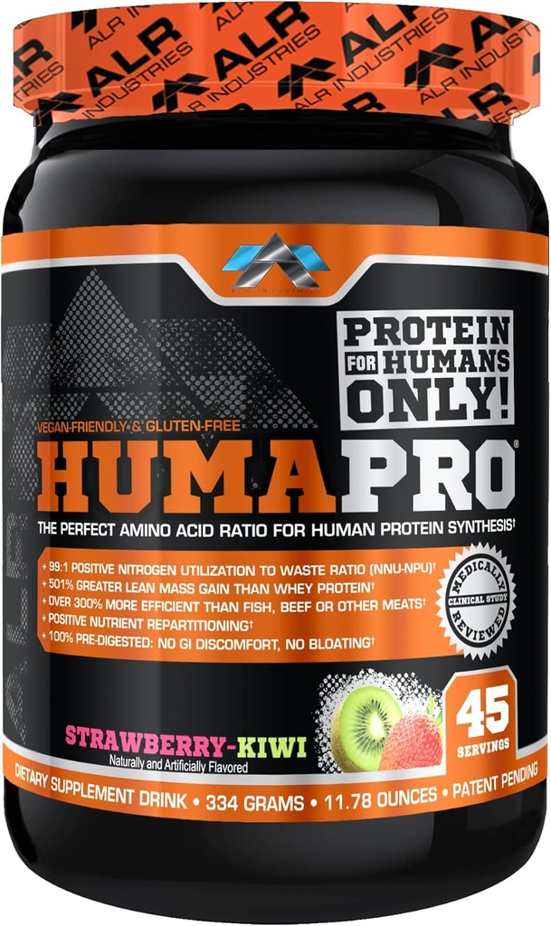 Humapro | アミノ酸タンパク質マトリックス for Human | リーンマッスルの99%活用 | ヴィーガン・グルテンフリー | 334g / 45 サービング(イチゴキウイ)