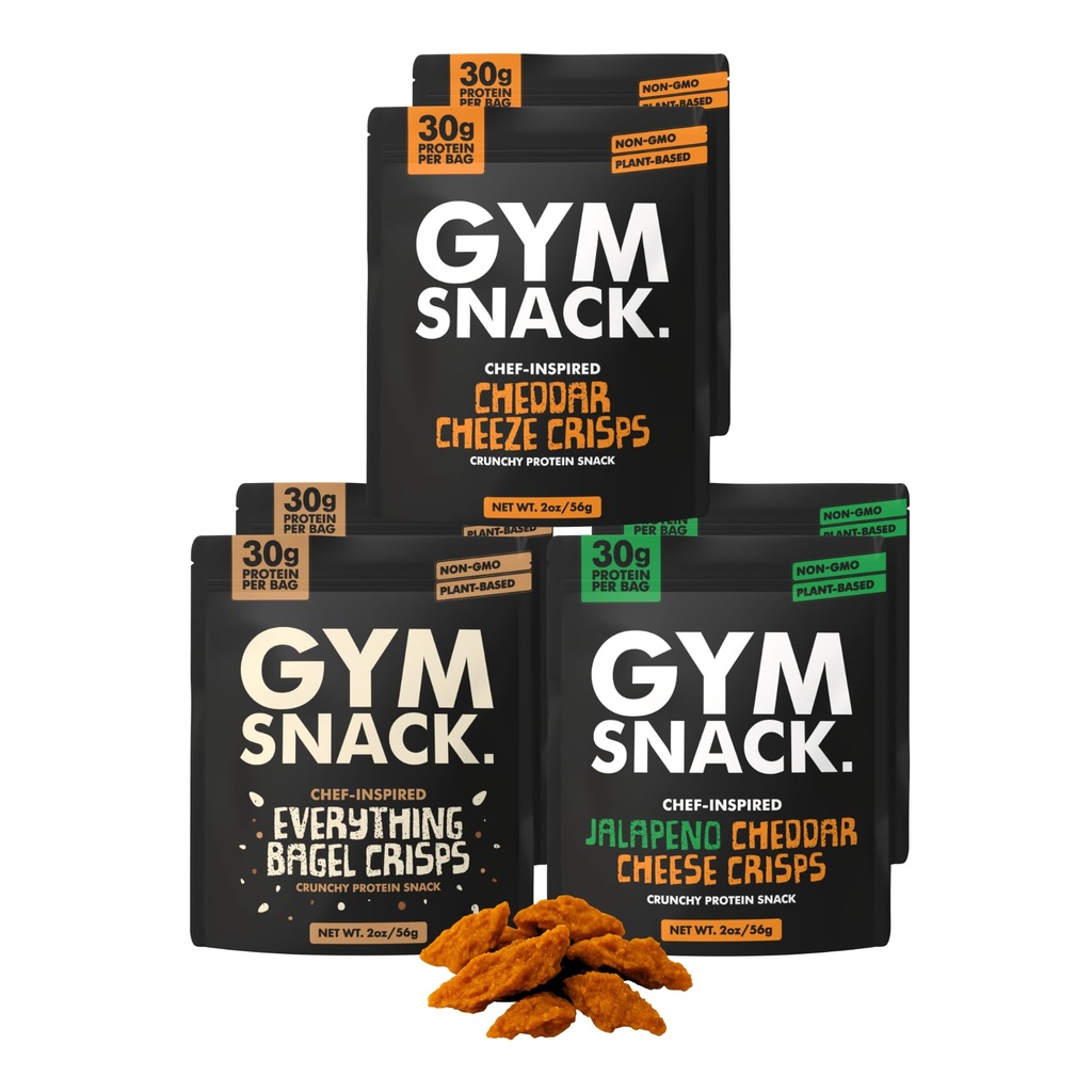 Gym Snack Protein Crisps Variety Pack – Cheddar, Jalapeño Cheddar & Everything Bagel (6 Pack, 2 oz) – 30g Protein Per Bag Crunchy Pea Protein Crisps, Low Carb, Gluten Free, Vegan & Keto Friendly