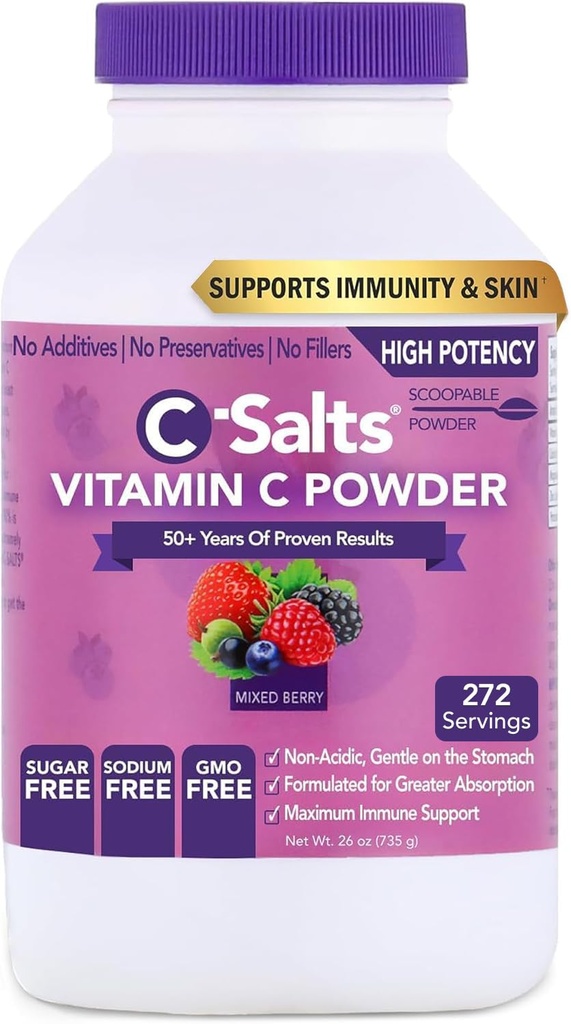 C-SaltsのビタミンCの粉の補足-免疫サポートのための100%の純粋な高い線量の緩衝されたビタミンCの粉-有機性、砂糖なし、ビーガン、非GMO、胃フレンドリー、混合されたベリー26oz