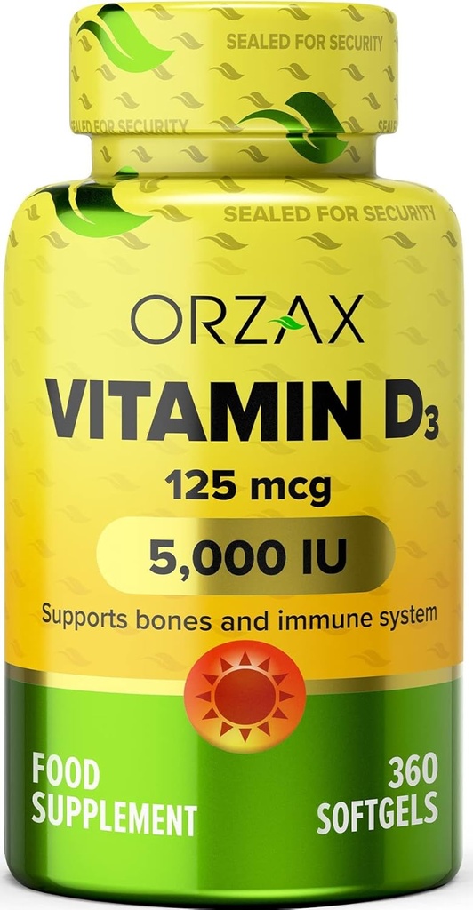 ORZAX ビタミン D3 5000 iu (125 mcg) - 非GMO、グルテンフリー、砂糖無料、乳製品無料 - 強力な筋肉機能と免疫サポートのための 1 年の供給 - ウェルネスのための気分サプリメント (360 Softgel)