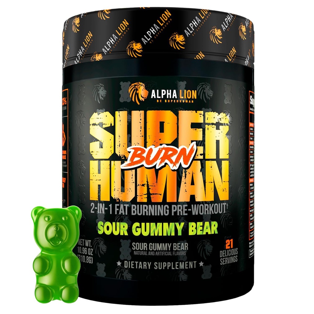 ALPHA LION Superhuman Burn – 1 代謝ブースタープレワークアウトと男性のためのサーモニック脂肪バーナー – 食欲抑制剤と減量サプリメント (21 サービング, サワーグミベア)