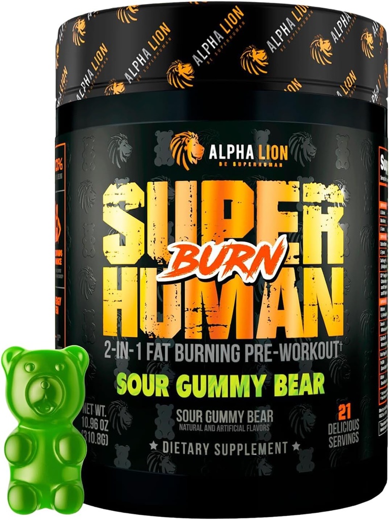ALPHA LION Superhuman Burn – 1 代謝ブースタープレワークアウトと男性のためのサーモニック脂肪バーナー – 食欲抑制剤と減量サプリメント (21 サービング, サワーグミベア)