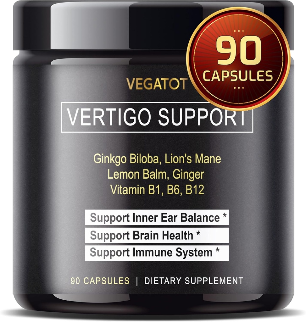 VEGATOT Vertigo Supplement *USA Made and Tested* Inner Ear Supplement with Ginkgo Biloba Lion's Mane Lemon Balm Ginger VIT B1, B6, B12- for Dizziness Spinning Inner Ear Balance