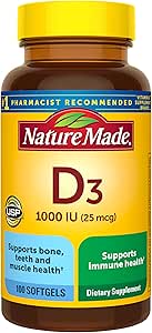 Nature Made Vitamin D3 1000 IU (25 mcg), Vitamin D Supplement for Bone, Teeth, Muscle and Immune Health Support, 100 Softgels, 100 Day Supply