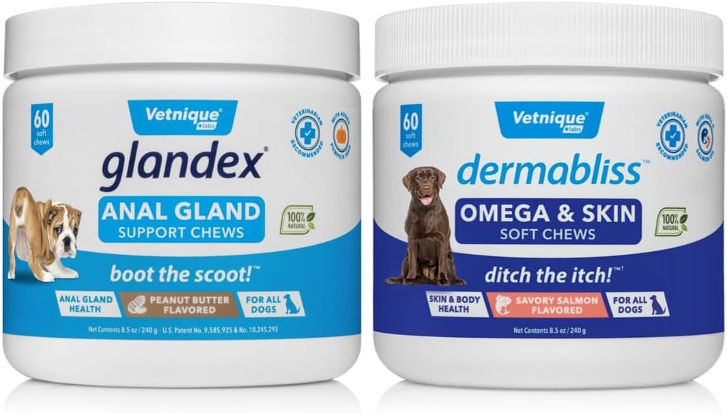 VETNIQUE Dermablissオメガ&スキンサプリメント犬用咀嚼(60ct)&Glandex Anal Glandサポートピーナッツバター犬用ソフト咀嚼(60ct)バンドル
