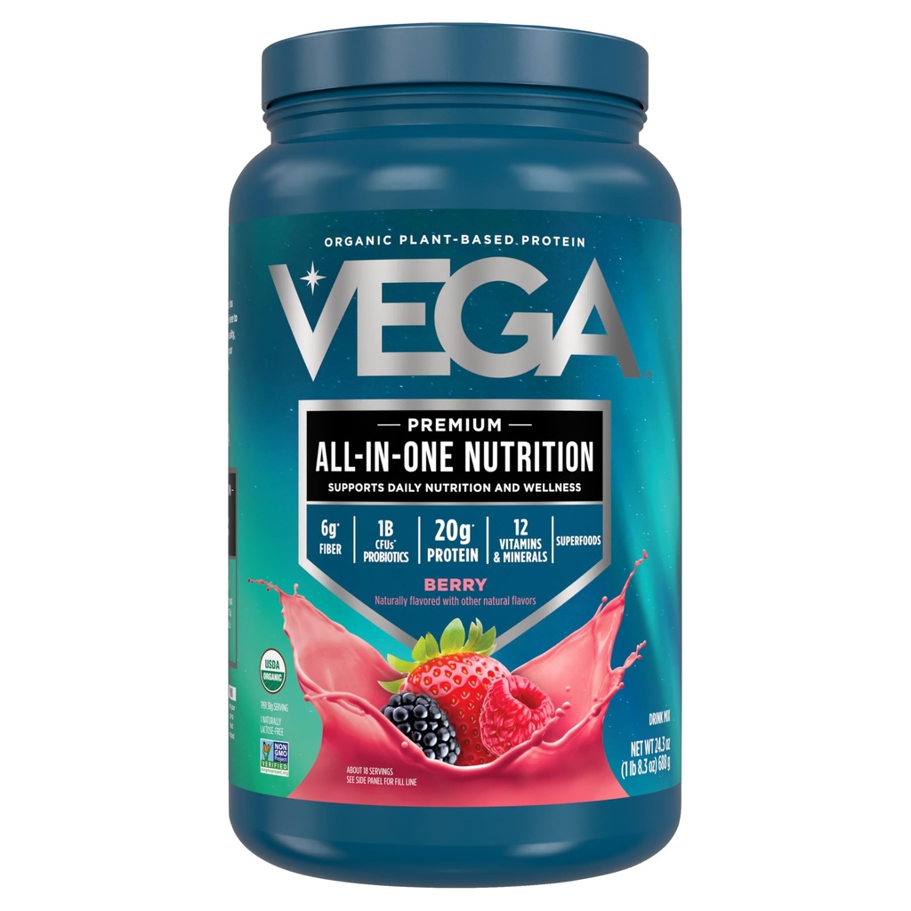 Vega オールインワン栄養オーガニック - 20g植物ベースのエンドウ豆タンパク質、ベリー、20サービング、ビタミンA&C、プロバイオティクス、グリーン、ビーガン、ケト、グルテンフリー、24.3oz(パッケージ5月Vary)