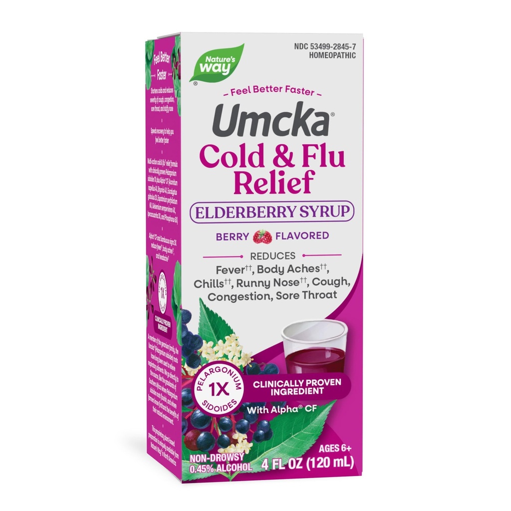 Nature's Way Cold + Flu Rescue Syrup*、Umcka、Sore Throat、Cough、Congestion、Fever*、 Body Aches*、Phenylephrine Free、Homeopathic、Non-Drowsy、Berry Flavored、4 Fl Oz(Packaging May Vary)