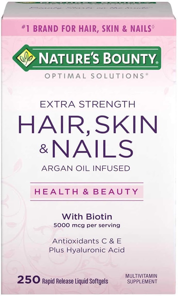 ネイチャーズ・バウンティ・ヘアスキンとネイルズ 5000 mcg of Biotin - 250 コーティングされたタブレット レギュラー&エクストラ・強度 (エクストラ・強度, 2 ボトル 各 250 Softgels)