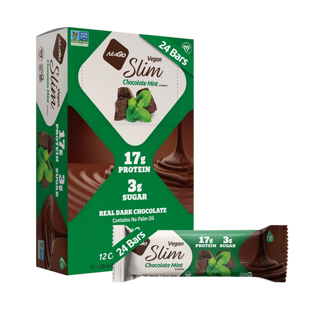 Nugo スリム ダーク チョコレート ミント, 18g ビーガン タンパク質, 3g 砂糖, 6g 繊維, 低ネット 炭水化物, ケト フレンドリー, グルテンフリー, 24 カウント