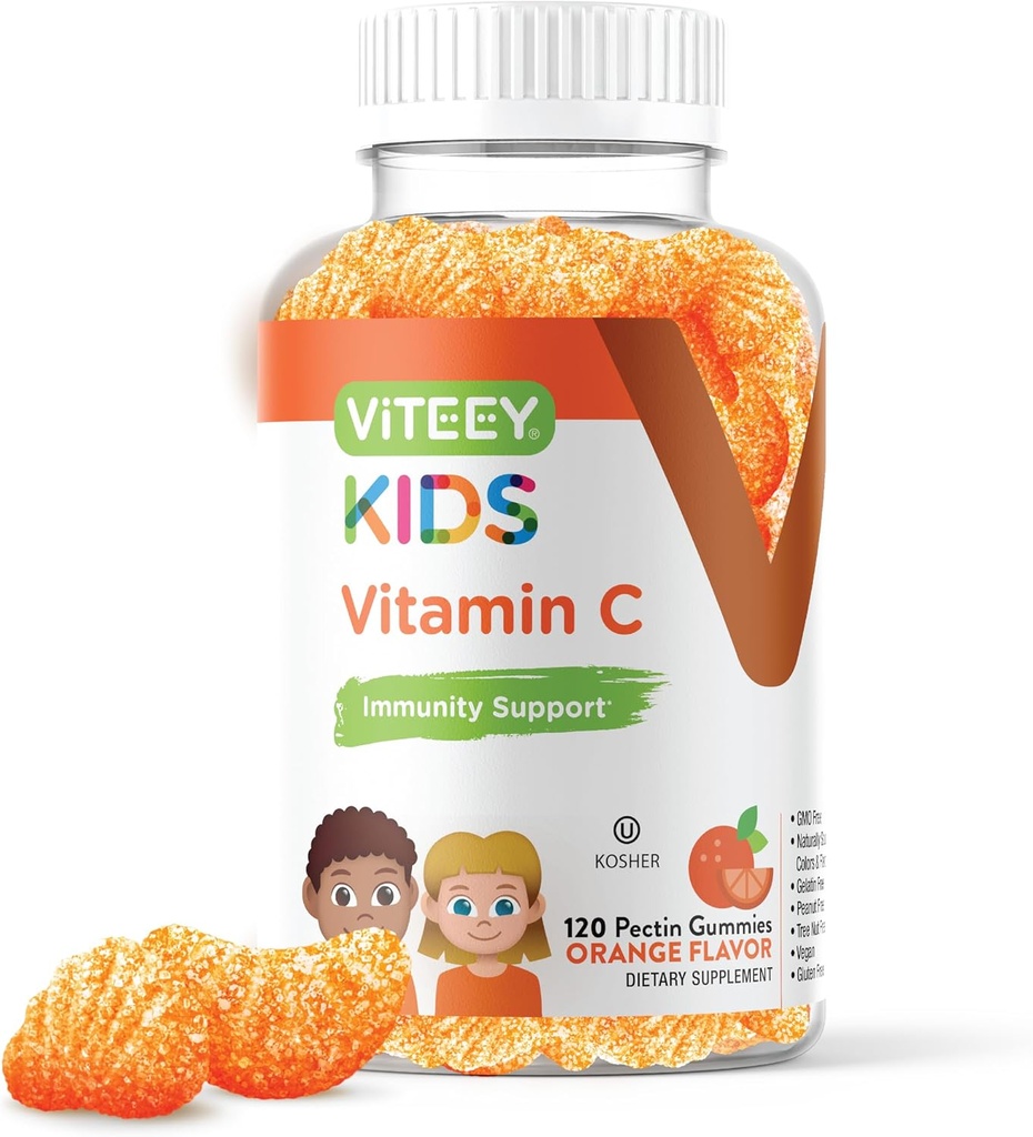 ViteeyキッズビタミンCグミ - 子供のための免疫サポート、トドル、&ティーン - ビーガン、ゼラチンフリー、グルテンフリー、GMOフリー - おいしいChewableオレンジ風味の免疫Gummy