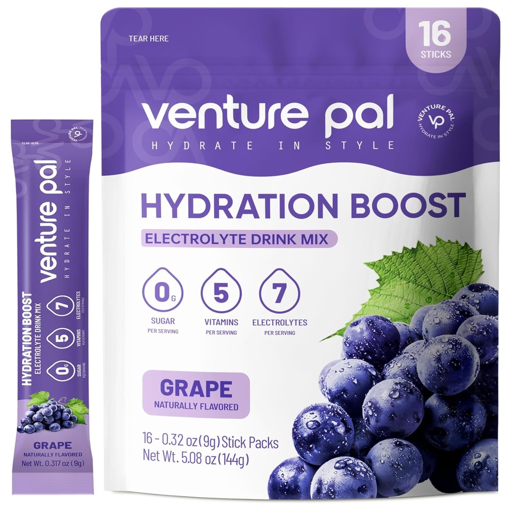 Venture Pal Sugar Free Electrolyte Powder Packets - Liquid Daily IV Drink Mix for Rapid Hydration & Party Recovery | 5 Vitamins & 7 Electrolytes| Keto Friendly | Non-GMO | Certified Vegan | 16 Sticks
