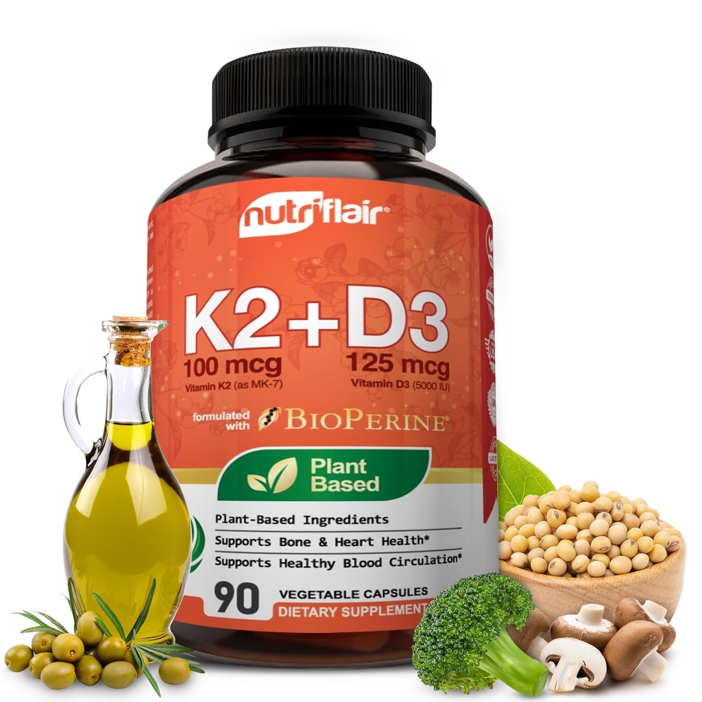NutriFlairビタミンD3(5000iu/125mcg)+ K2(Mk7) - 植物ベースの成分プラスバイオパリンブラックペッパーエキス、90カプセル - 健康な免疫、心と健康をサポート - 非GMOピル