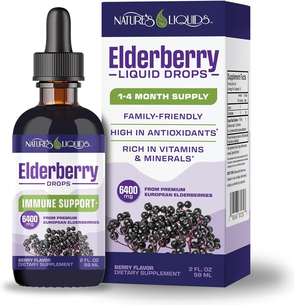 Nature's Liquids Organic Elderberry Syrup Sugar Free | お子様と大人のための免疫サポート | 1 食用 60 エルダーベリー(2 Fl Oz)