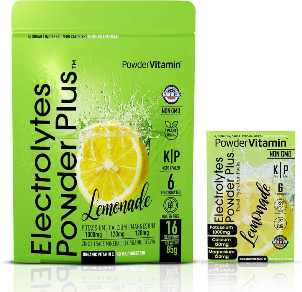 PowderVitamin 電解質パウダープラス、ケト、レモネード、砂糖フリー、ピンクヒマラヤ塩、1000mg カリウム、120mg カルシウム、120mg マグネシウム、非GMO、ゼロカロリー、(16 Hydration Packets)