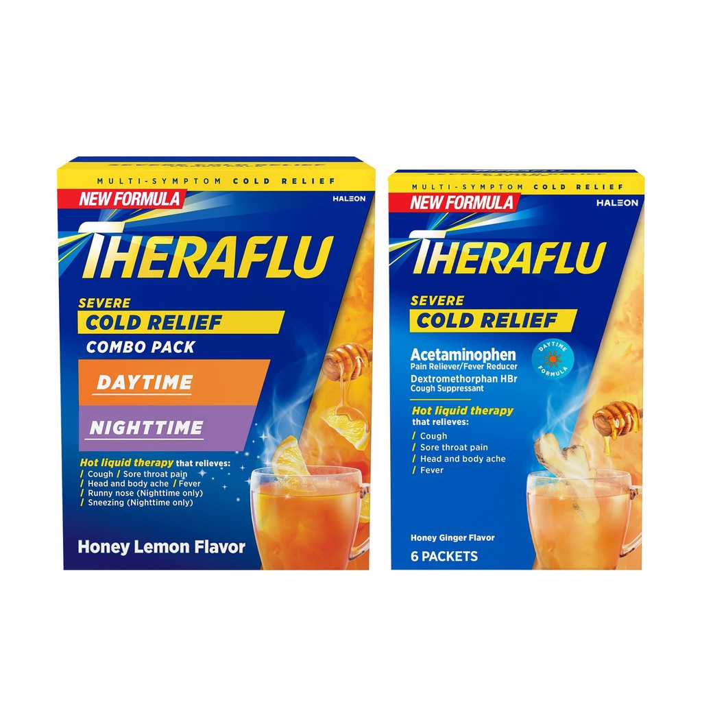 Theraflu Severeの冷たい救助の熱い液体の粉のコンボ:12ct昼間/夜時間の蜂蜜のレモン味+ 6ct昼間の蜂蜜のジンジャーの味