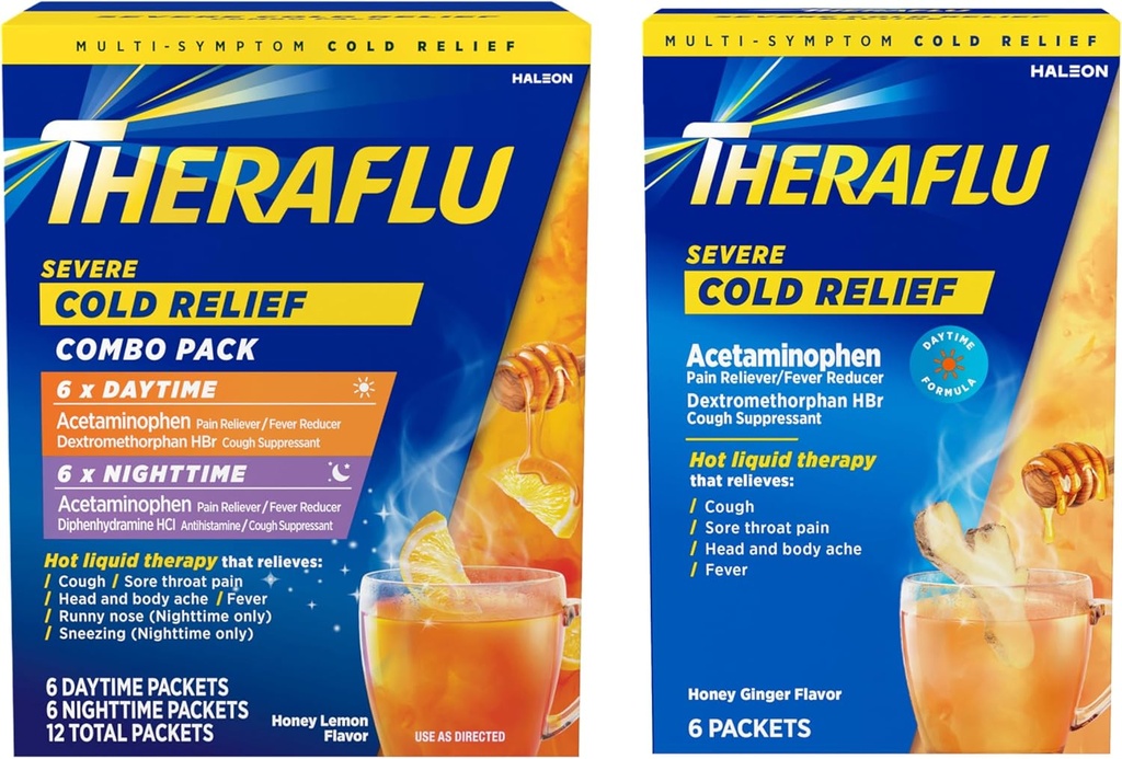 Theraflu Severeの冷たい救助の熱い液体の粉のコンボ:12ct昼間/夜時間の蜂蜜のレモン味+ 6ct昼間の蜂蜜のジンジャーの味
