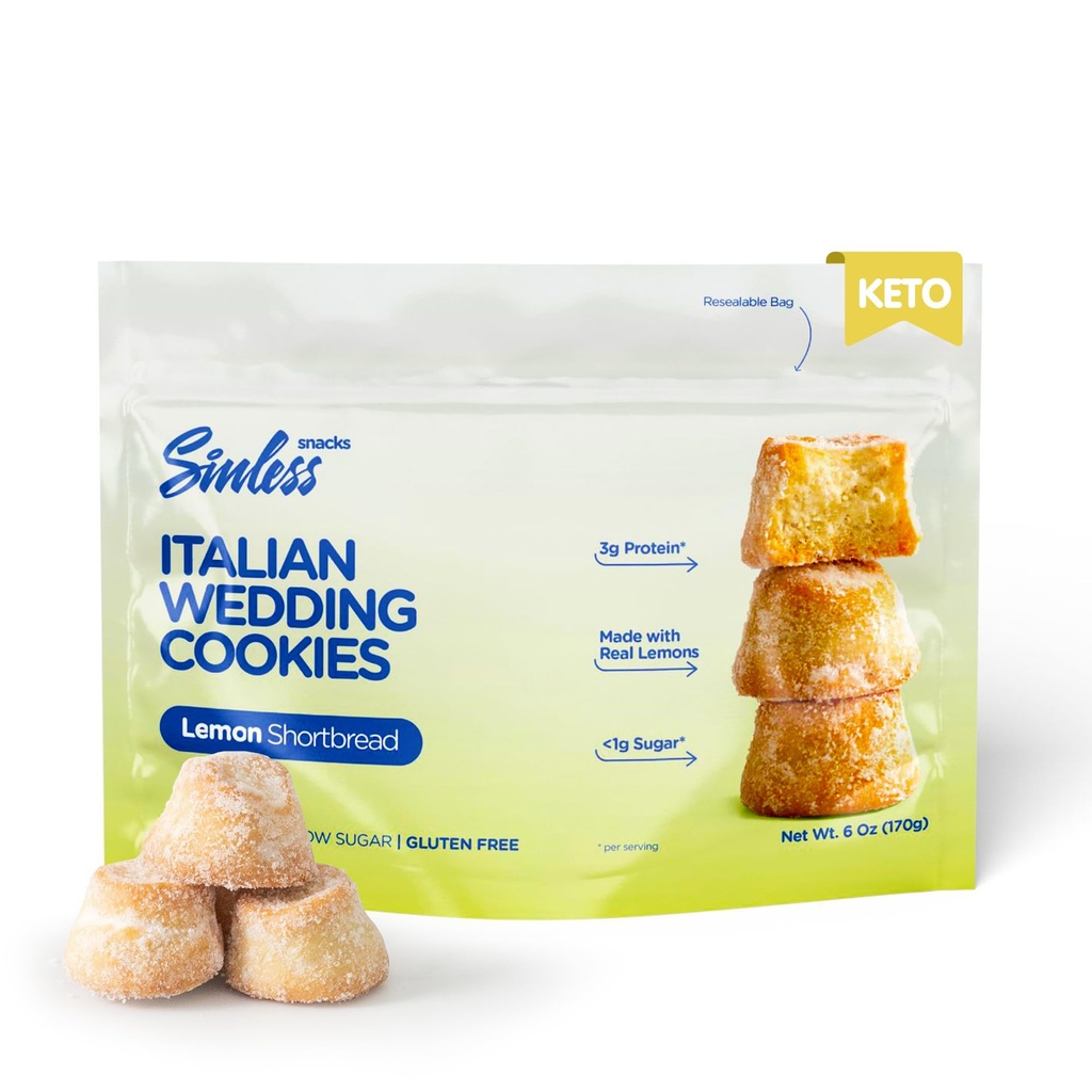 SINLESS SNACKS Keto Cookie Snack, Italian Wedding Lemon, Zesty Lemon Shortbread Gluten-Free Italian Cookies, Low Sugar Friendly Snacks