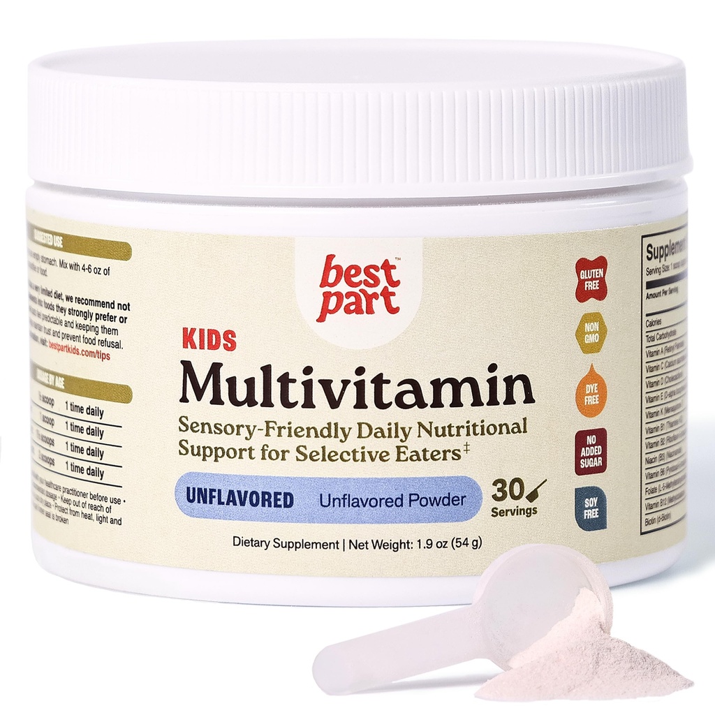 BEST PART Multivitamin for Kids, Unflavored Multivitamin Powder for Ages 4-8, Iron-Free, No Added Sugar — Sensory-Friendly Kids Methylated Multivitamin for Selective Eaters, Easy to Mix, 30 Servings
