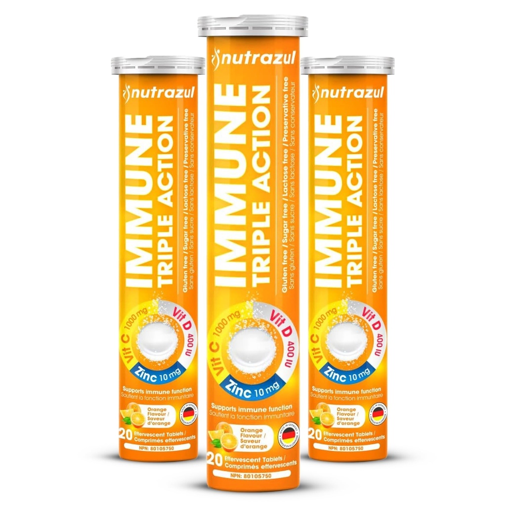 ナッツラズール免疫ビタミンC 1000mg、ビタミンD、亜鉛、サポート毎日のルーチン、グルテンフリー、砂糖なし、乳糖フリー、オレンジ風味、20錠(パック3)