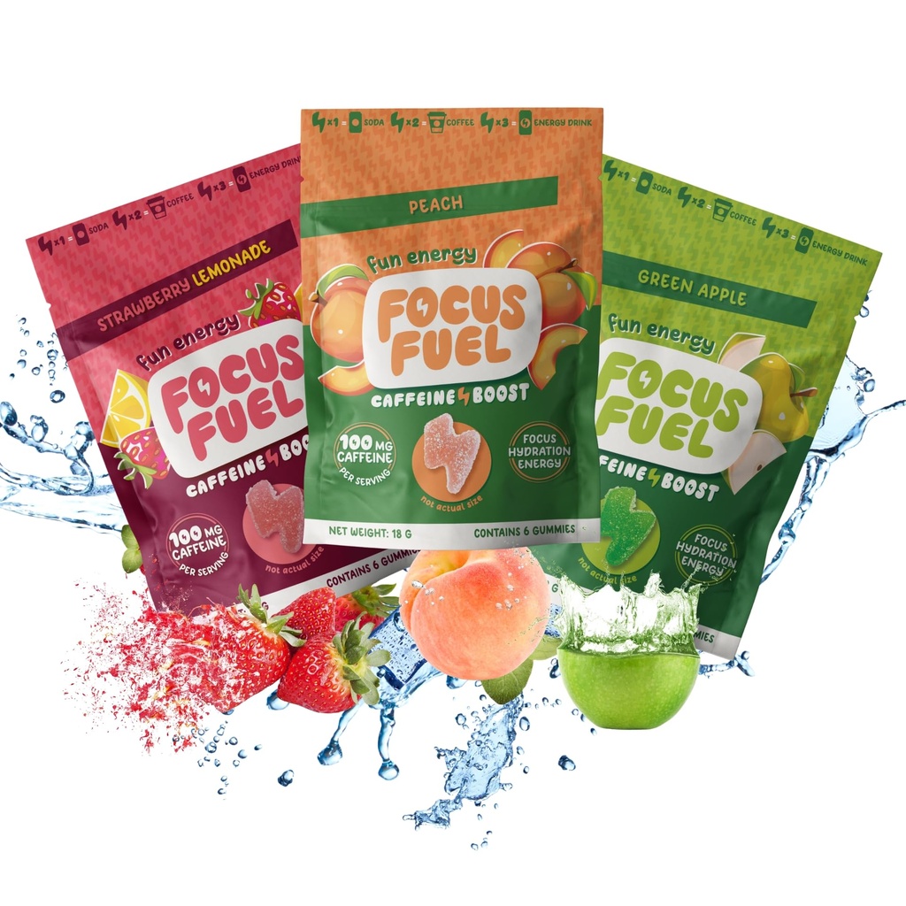 FocusFuel Energy Chews - 試用サイズバラエティサンプルパック(9サービング) - 100mgカフェイン+アルファGPC + L-テアニン+ B12、マグネシウム - ピーチ、グリーンアップル、イチゴレモナード味 - クラッシュまたはジッターなし