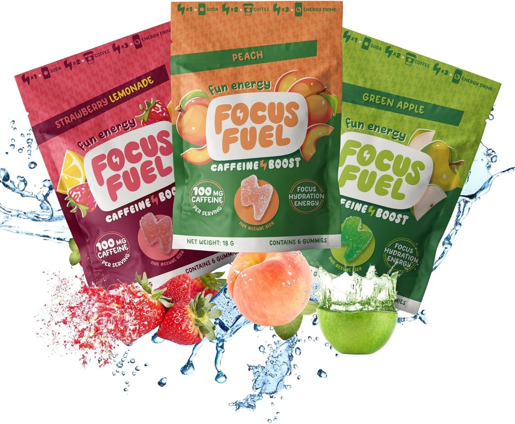 FocusFuel Energy Chews - 試用サイズバラエティサンプルパック(9サービング) - 100mgカフェイン+アルファGPC + L-テアニン+ B12、マグネシウム - ピーチ、グリーンアップル、イチゴレモナード味 - クラッシュまたはジッターなし