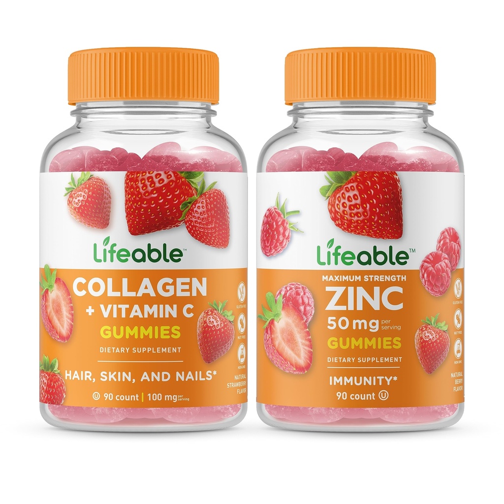 通気性コラーゲン&ビタミンC +亜鉛50mg、グミーバンドル - 偉大な味付け、ビタミンサプリメント、グルテンフリー、GMOフリー、咀嚼可能なガミー