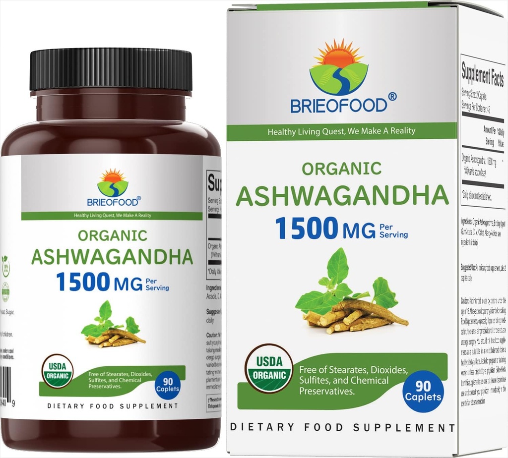 Brieofood Organic Ashwagandha 1500mg、45 サービング、ベジタリアン、グルテンフリー、90 ベジタリアン タブレット
