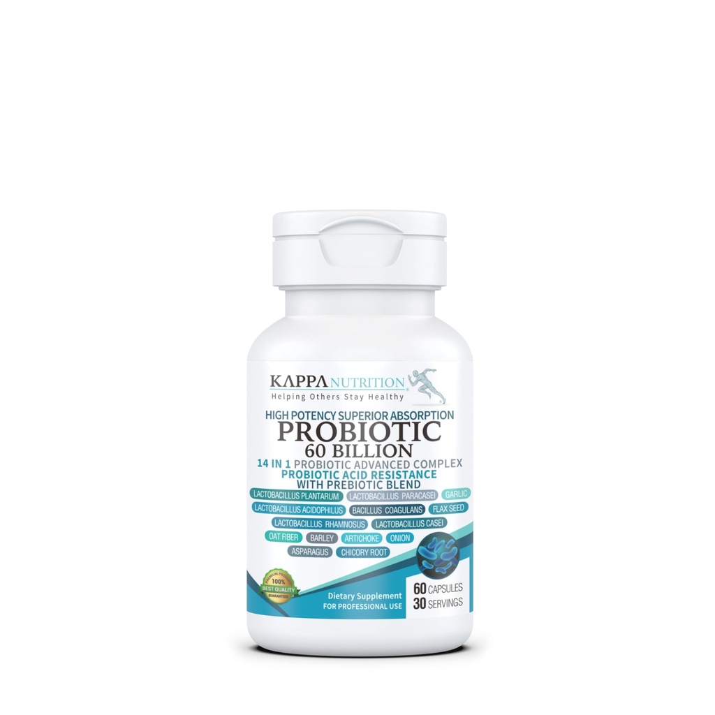 KAPPA NUTRITIONのプロバイオティック60の鋼片CFU 14は女性、人及び大人のためのプレバイオティクス及びアシドフィロスの1つの方式で、安定した、酸性抵抗力がある、自然な補足60のカプセルを保ちます。