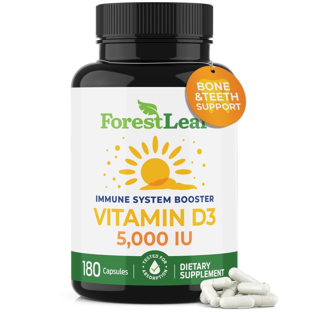 フォレストリーフビタミンD3 5000 IU | VIT D - VIT D3 ビタミンD サプリメント 女性と男性 | 骨の健康、歯および免疫サポート | 飲みやすい丸薬 | 1 カプセル毎日、6 ヶ月の供給、180 カウント