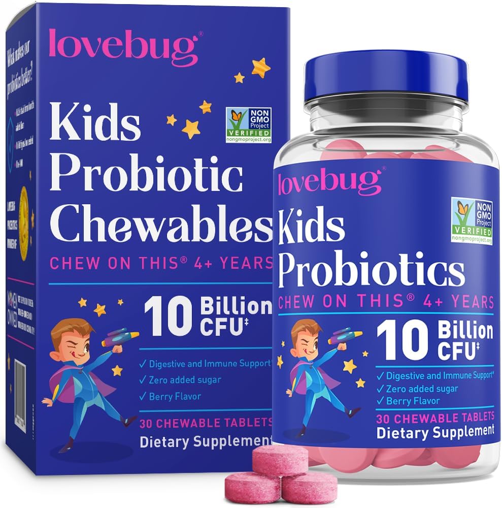 LOVEBUG Probiotics for Kids – Probiotic Chewables with Prebiotic Fiber for Age 4+,Daily Children's Gut Health & Digestive Support Supplement, Sugar-Free Berry Flavor, 30 Count