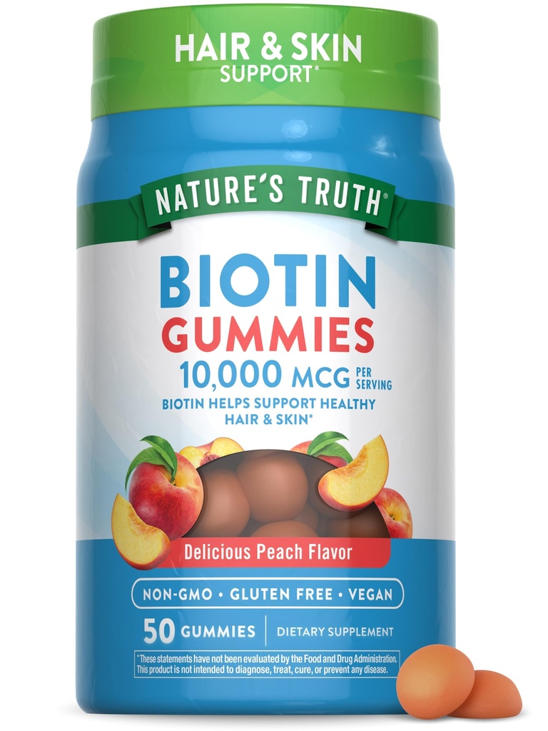 Nature's Truth Biotin グミイズ | 10000mcg | 50 カウント | ヴィーガン、非GMO&グルテンフリーサプリメント | ピーチフレーバー
