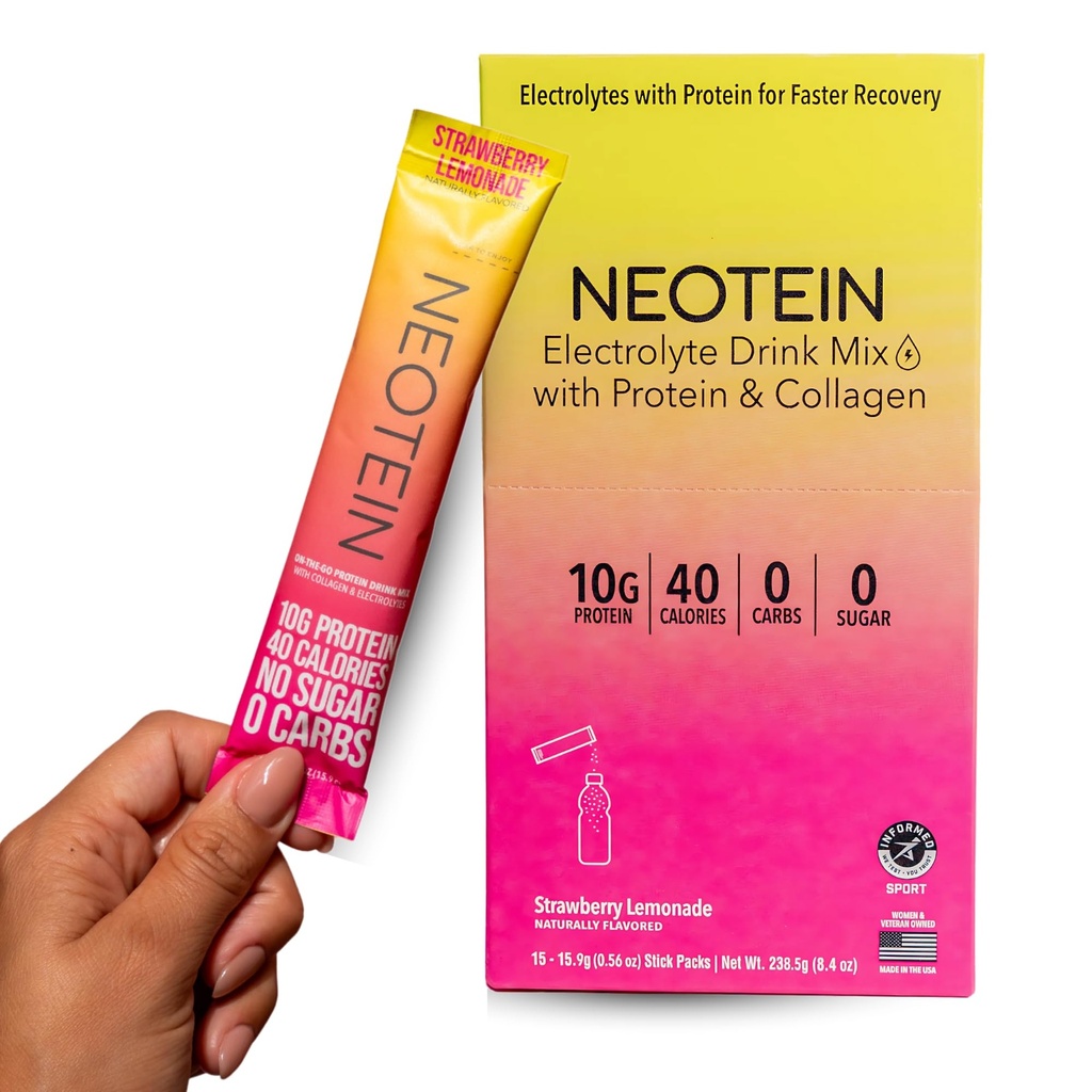 NEOTEIN: 電解質パウダーパック、タンパク質10gタンパク質とコラージュ | 加水パック - ゼロシュガー、充填剤なし | いちごレモナード | 40カロリー | ケト&パレオ | パック15個入り