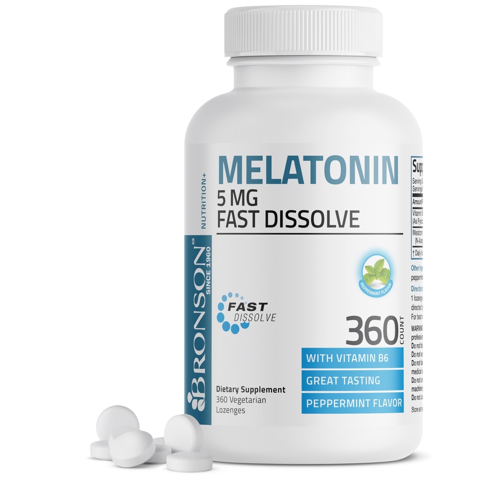 Bronson Melatonin 5mgはビタミンB6とペパーミントのタブレットを分解します - リラックスを促進します、360のベジタリアンのChewable Lozenges