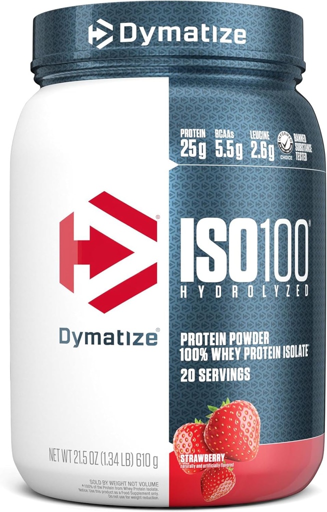Dymatize ISO100 Whey Protein Powder Isolate, Strawberry, 25g of Protein, 5.5g BCAAs, Less Than 120 Cal., Gluten Free, 1g Fat, 1g Sugar, 2g Carb (20 Servings)