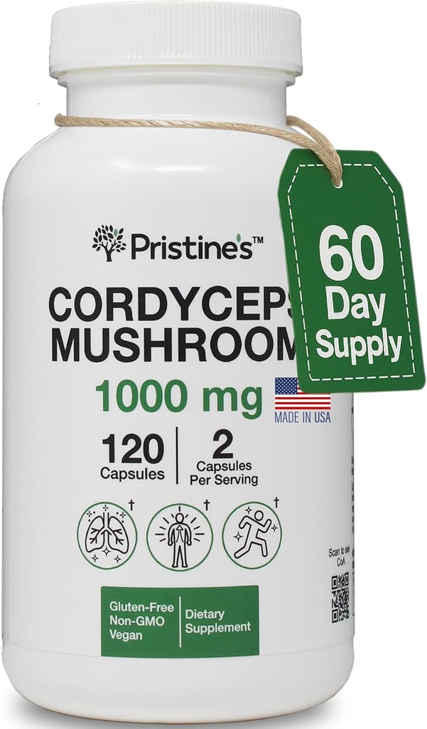 PRISTINEのCordycepsのきのこのカプセル- 60の日の供給1000のMG -アスレチックの性能、持久力及び免除の適応物質の補足-反老化サポートAntioxidant