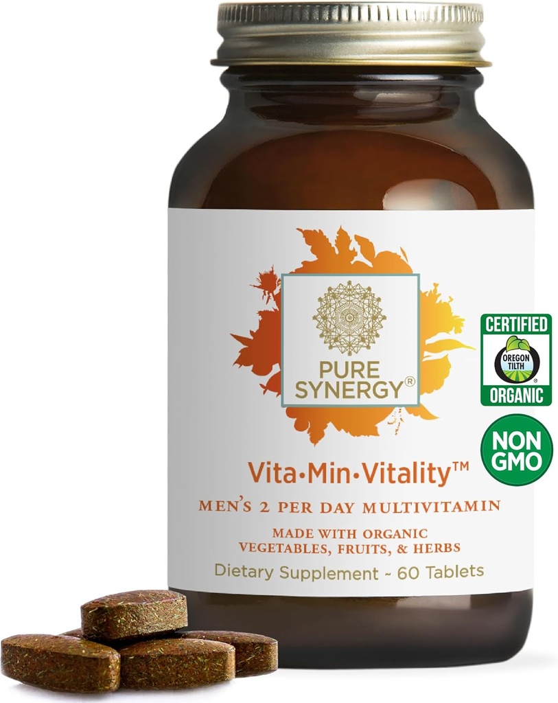 PURE SYNERGY Vita・Min・Vitality | 男性用天然マルチビタミン | オーガニック食品を使用した男性の毎日のマルチビタミン | エネルギー・ストレス・免疫サポート(60錠)