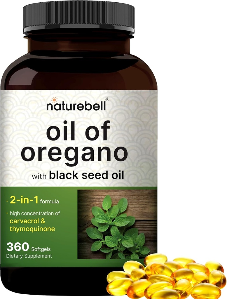 NatureBell Oregano Oil with Black Seed Oil, 360 Softgels | 360-day Supply Essential Oils for Immune Health | Retains High Concentrated Carvacrol & Thymoquinone – Non-GMO