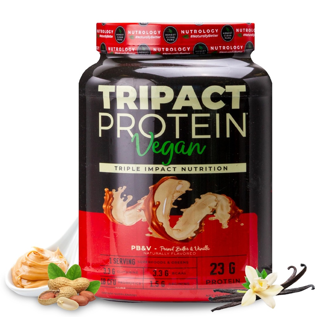 Nutrology TRIPACTビーガンプロテインパウダー - 有機エンドウ豆、ライス&カボチャプロテイン、BCAA&グルタミン植物ベースの食事代替シェイク筋肉回復&免疫、ピーナッツバター&バニラ、20サービング