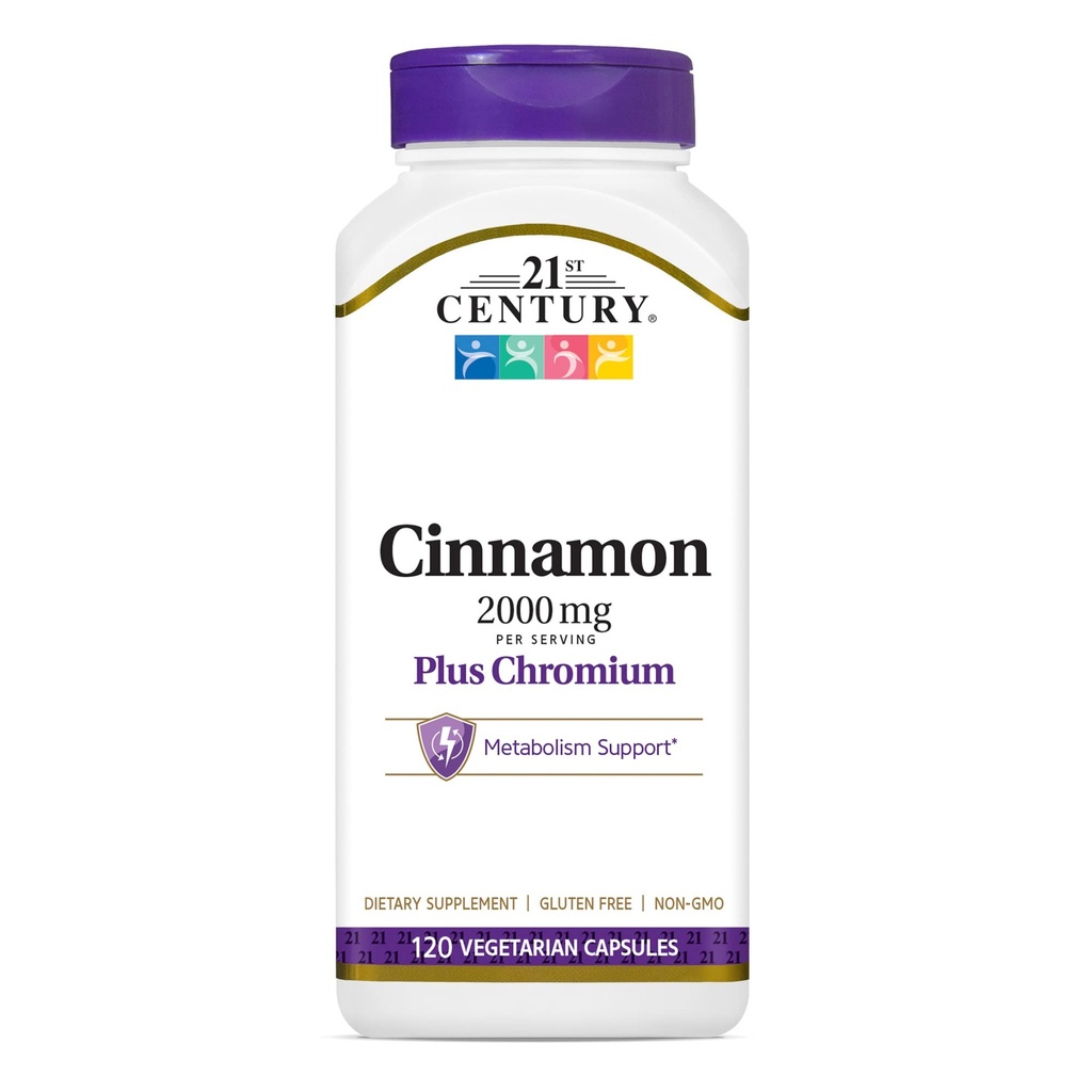 21st Century 2000 mg Cinnamon Plus Chromiumベジタリアンカプセル(120カウント)、シナモンサプリメントは、砂糖&炭水化物代謝、グルテンフリー、非GMO、追加人工味をサポート