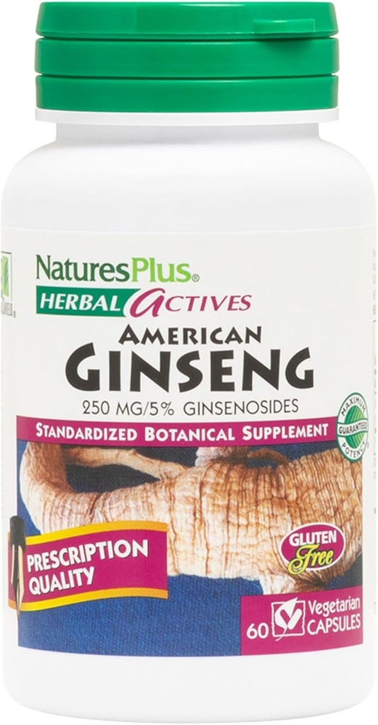 Natures Plus Herbal Actives American Ginseng - 250 mg、5% Ginsenosides - 60ビーガンカプセル - グルテンフリー - 60のサービング