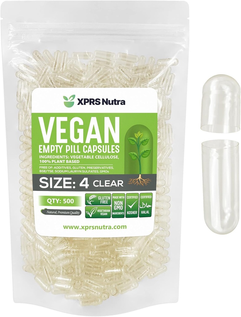 XPRS Nutra Size 4 Empty Capsules - 500 Count Clear Small Empty Vegan Capsules - DIY Vegetable Capsule Filling - Fillable Do-It-Yourself Veggie Pill Caps for Supplements