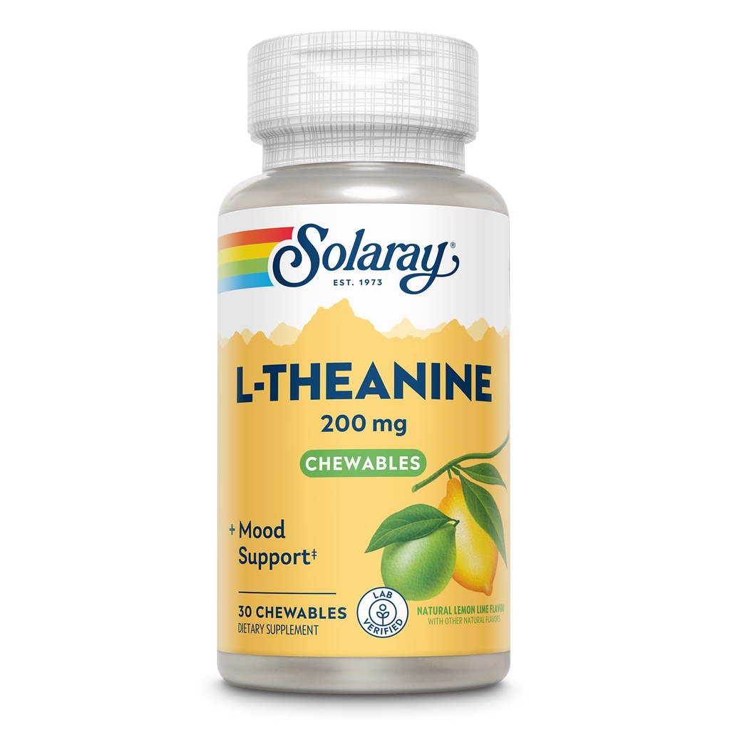 SOLARAY Lテアニン200mg、ビタミンB6による気分サポートサプリメント - 時事応力サポート - 天然レモンライム味 - 60日間保証、ラボ検証 - 30サービング、30Chewables
