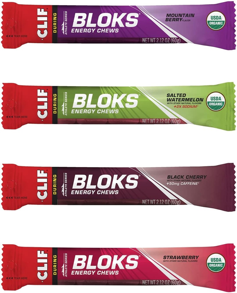 CLIF BLOKS - Energy Chews - 4 Flavor Variety Pack - Non-GMO - Plant Based Food - Fast Carbs for Cycling and Running - Workout Snack (2.1 Ounce Packet, 12 Count)