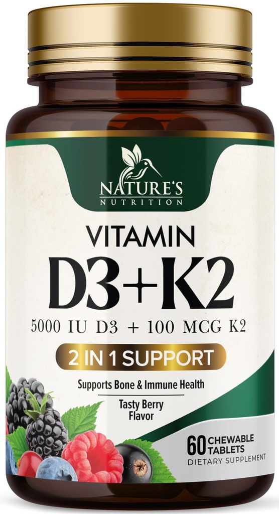 ビタミンD3 K2サプリメント | 5000 IU D3 + K2 100 mcg | ビタミンDによるMK-7 K2 | 免疫、心、歯、骨の健康をサポート - 自然は咀嚼、VIT D3 K2、非GMO、おいしい味 - 60錠