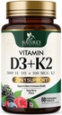 ビタミンD3 K2サプリメント | 5000 IU D3 + K2 100 mcg | ビタミンDによるMK-7 K2 | 免疫、心、歯、骨の健康をサポート - 自然は咀嚼、VIT D3 K2、非GMO、おいしい味 - 60錠
