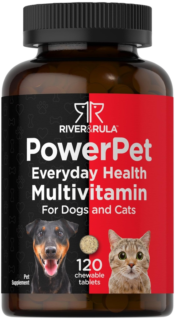 犬と猫のためのホバハチマルチビタミン | 120 ケブル錠 | ペット健康サポートサプリメント | 非GMO&グルテンフリー | リバー&RULA