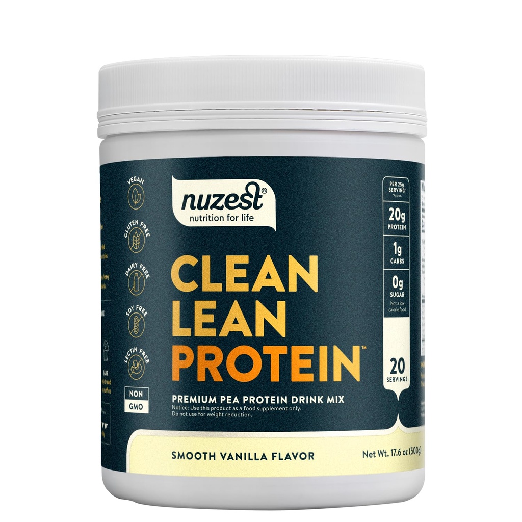Nuzest - エンドウ豆プロテインパウダー - きれいなリーンプロテイン、プレミアムビーガン植物ベース、酪農場無料、グルテンフリー、GMOフリー、自然に甘くされたタンパク質シェイク、スムースバニラ、20サービング、1.1ポンド