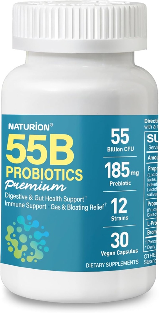 55B Probiotics Premium - 55 Billion CFU, 12 Strains, 185mg Prebiotic - Immune Support, Digestive & Gut Health - Supports Occasional Constipation, Gas & Bloating - 30 Vegan Capsules, 30 Day Supply